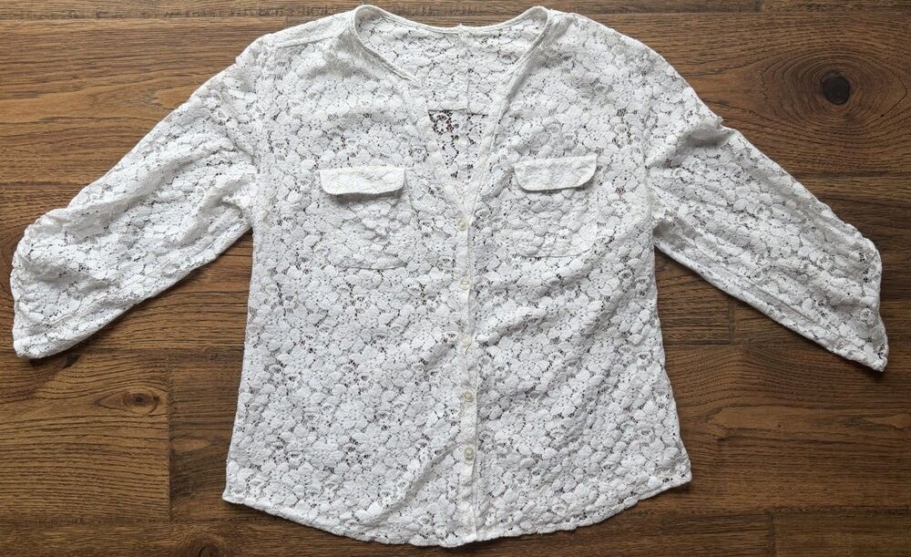New York & Co White Floral Lace Utility Blouse Roll Tab 3/4 Sleeve Pockets S M